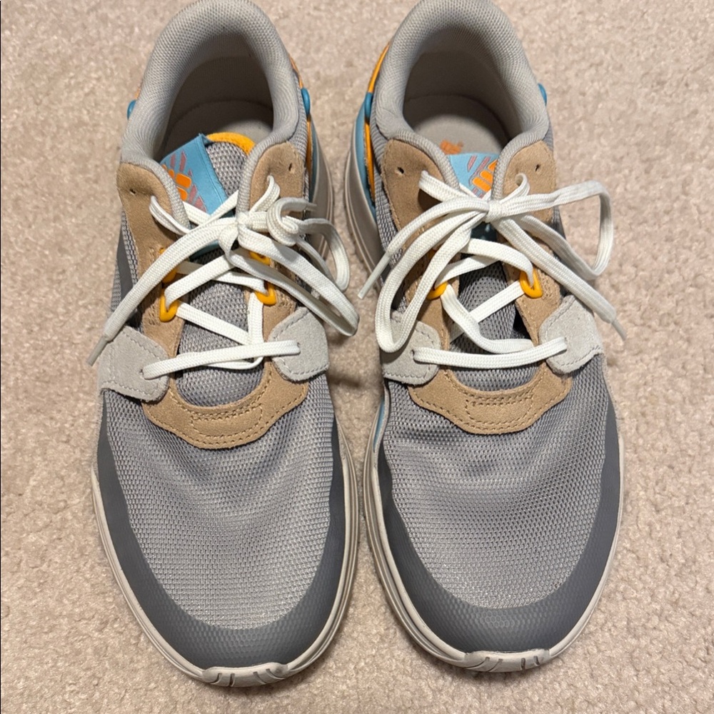 Columbia Women's Hiking Gray and Blue Sneakers with Tan and Orange Highlights